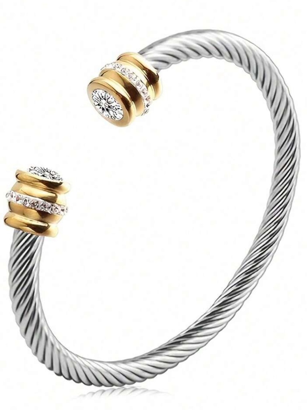 Two-Tone Silver and Gold Cable Cuff birthday stone bracelet APRIL #4